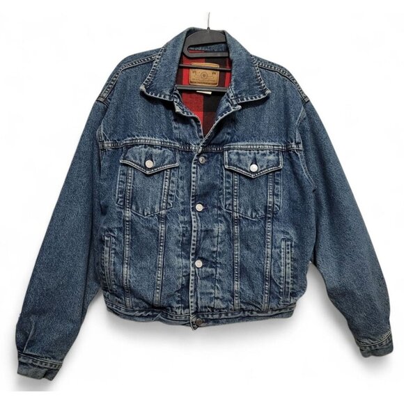 Vintage GAP 90s Denim Trucker Jacket Buffalo Plaid Blanket Lined - Picture 3 of 16